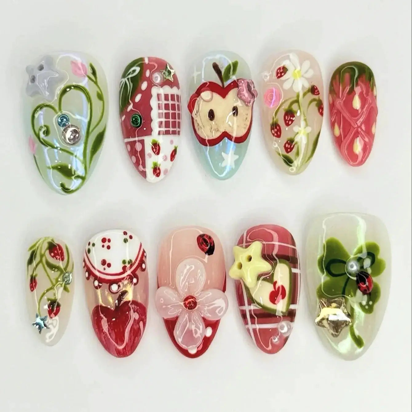 Press On Nails | Almond Shape | Green Lotus Frog Design | 24 Piece Kit