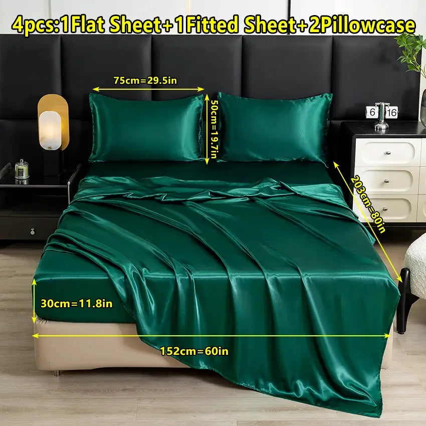 【Mother's Day Gift】4-Piece Set of Solid Color Satin Bed Sheet Set (1 Flat Sheet + 1 Fitted Sheet + 2 Pillowcases), Luxurious and Soft, with a Natural Luster, Skin-Friendly and Breathable Bedding from PriceLows™