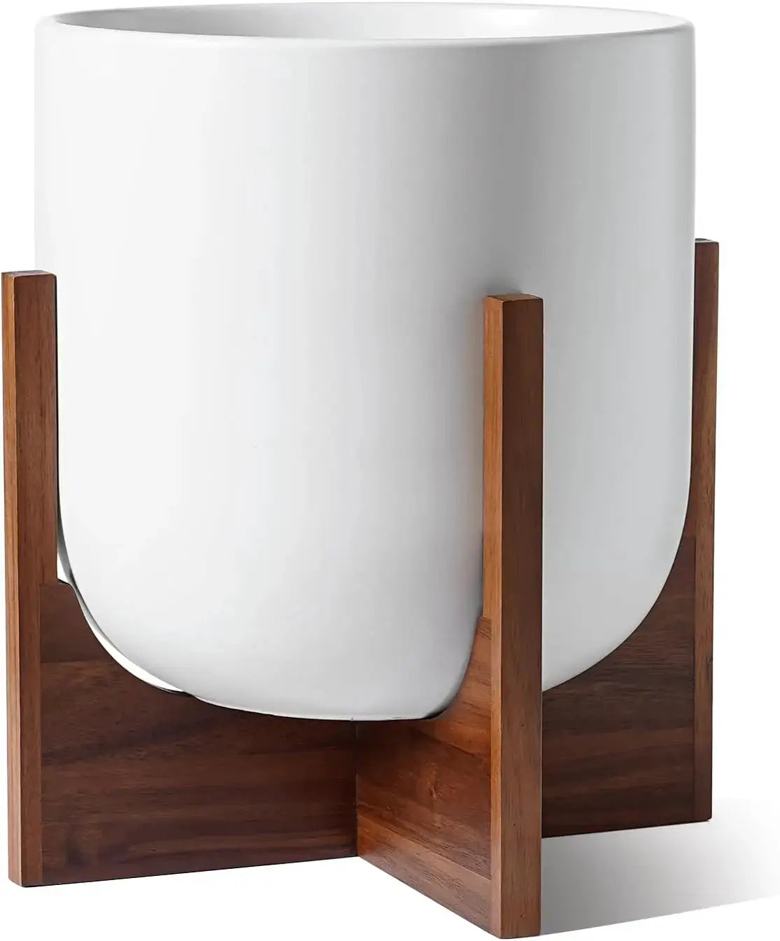 12 Inch Ceramic Plant Pot with Acacia Wood Stand, White Cylinder Planter with Drainage Hole, Indoor Planters for Living Room Office from PriceLows™