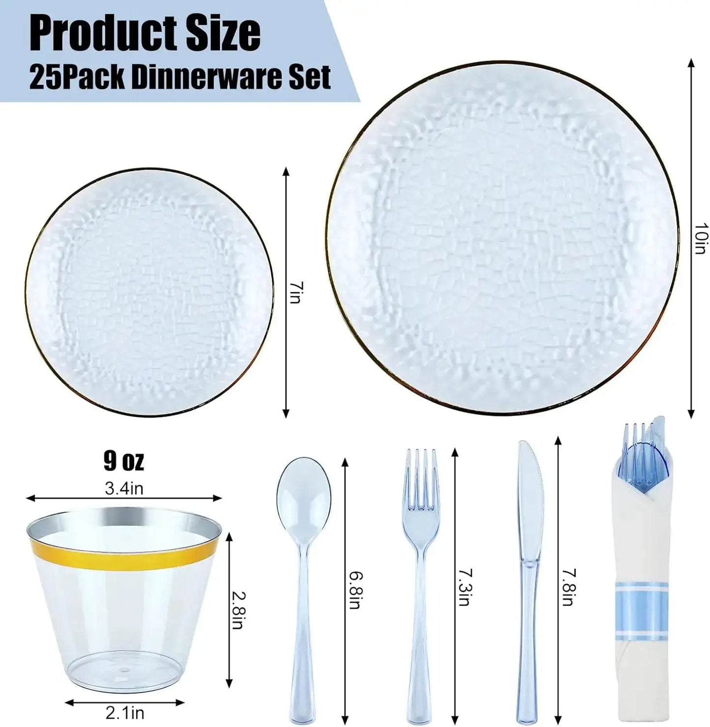 175PCS Gold and Blue Plastic Dinnerware Set – Clear Blue Disposable Plate with Gold Rim Include Dinner Plates, Dessert Plate from PriceLows™