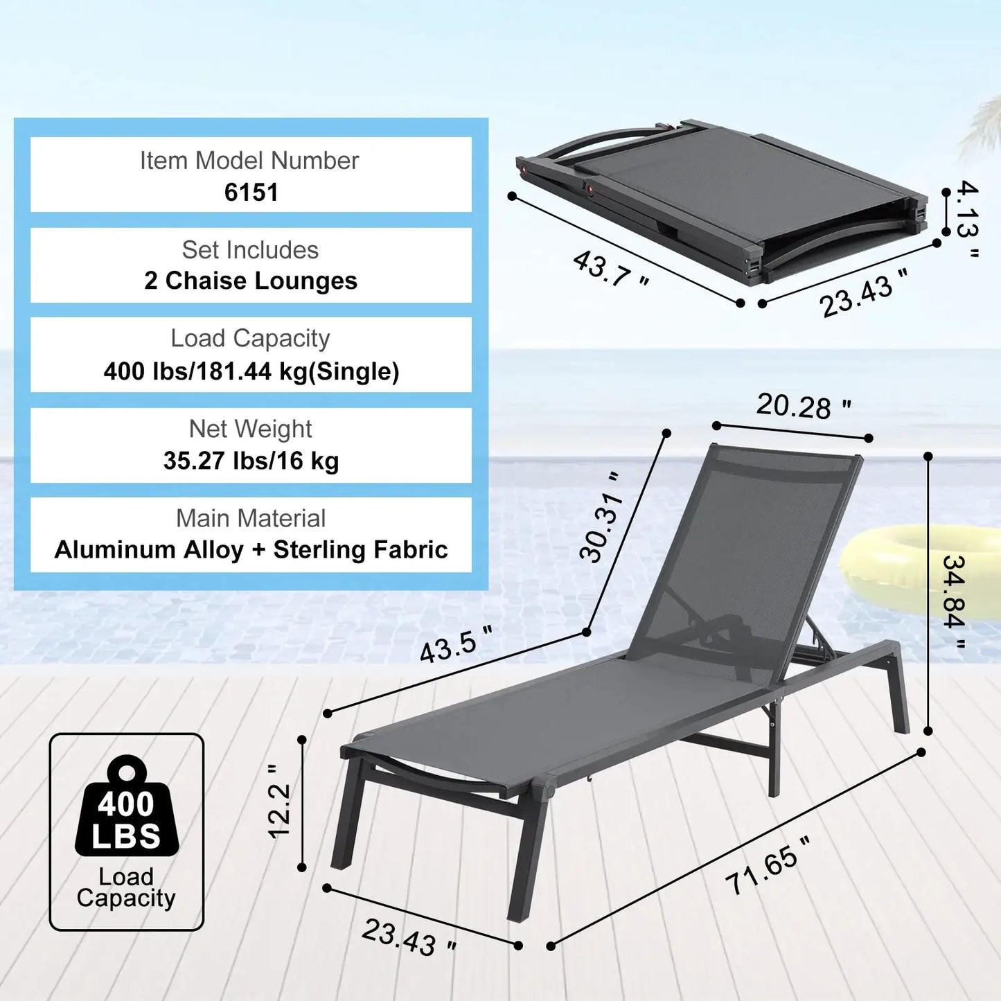 SucceBuy Chaise Lounge Chair Outdoor Aluminum Patio LoungeFolding Pool Lounge Recliner Full Flat for Patio Beach Pool Dark Grey from PriceLows™