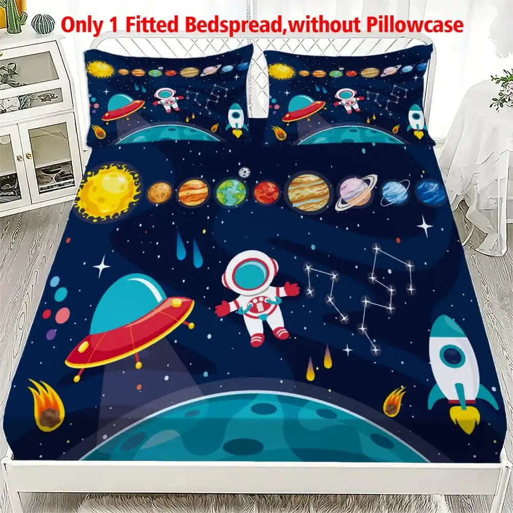 1pc Cartoon Space Astronaut Print Fitted Sheet Deep Pocket Elastic Mattress Cover Single Double Queen King Bedroom Decor from PriceLows™