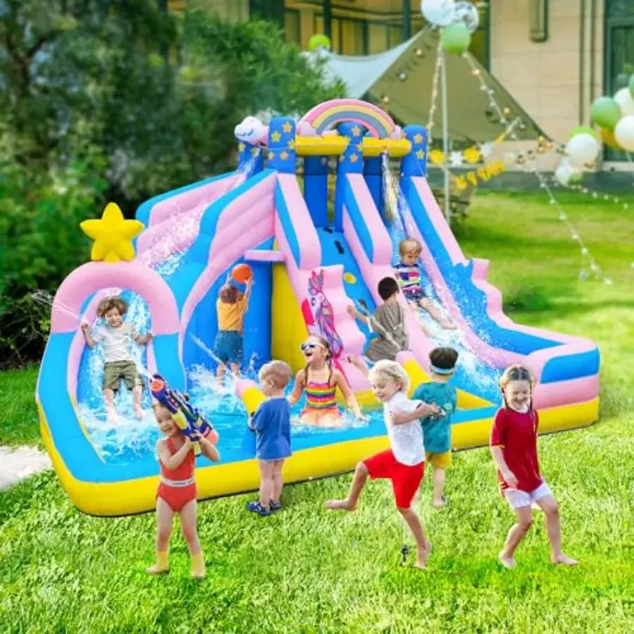 Inflatable Water Slide: 6-in-1 Bounce House Water Park for Outdoor Backyard Birthday Party PVC, Blue/Red, Heavy-Duty Vinyl with from PriceLows™