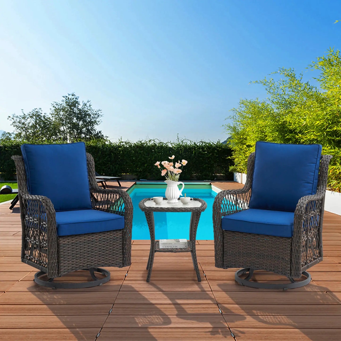 3 Pieces Outdoor Wicker Swivel Chair Set, Swivel Rocking Chairs Set of 2 with Rattan Side Table, 360-Degree Swivel Rocking Chair from PriceLows™
