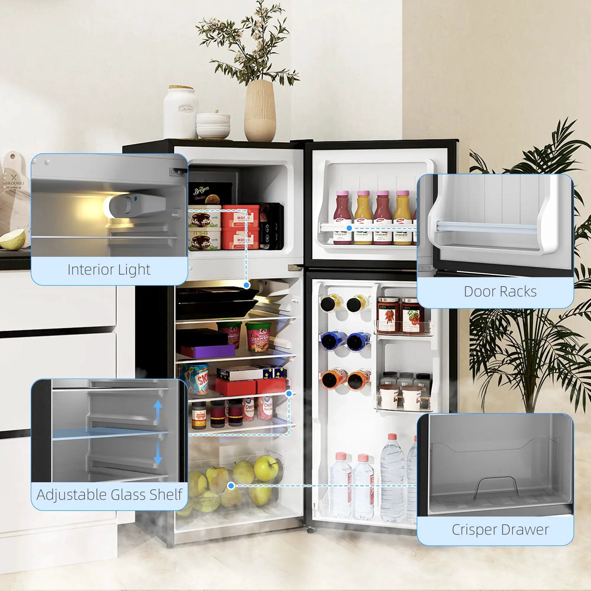 Black & Silver 2 Door Mini Fridge with Freezer, Compact Refrigerator (-4℉~10.4℉ Freezer & 28.4℉~50℉ Fridge), for Bedroom, Dorm, Office, Apartment, Keep Food & Drinks Fresh from PriceLows™