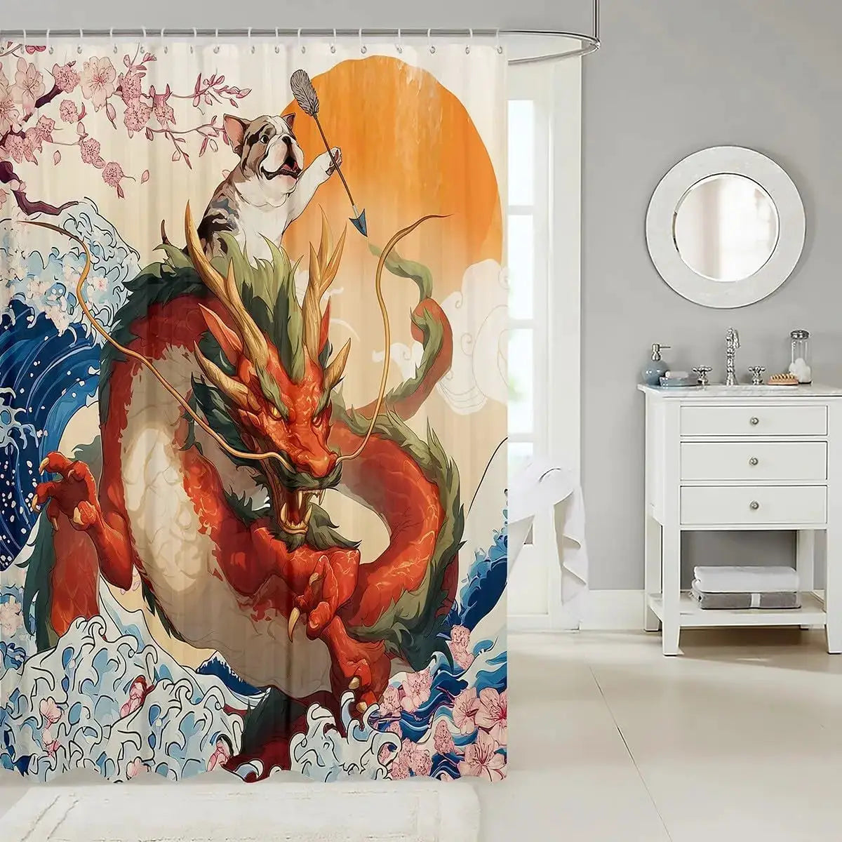 Japanese Style Shower Curtain Fun Dog Dragon Waterproof Bathroom Curtain for Kids Children, Sea Ocean Wave Bath Curtain Kawaii from PriceLows™