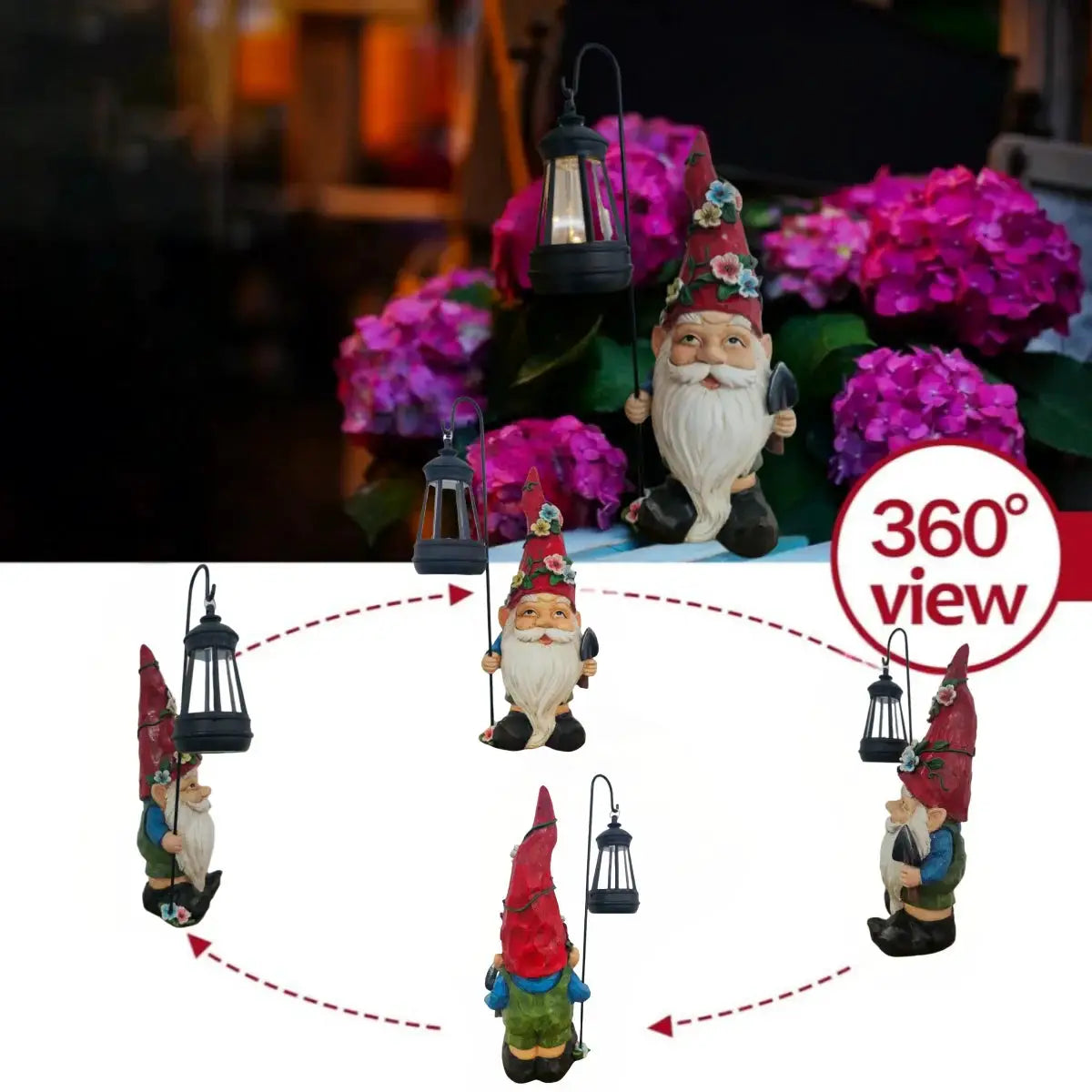 Garden Gnomes Statue with Solar Lights, Solar resin dwarf holding bird and holding lantern statue light from PriceLows™