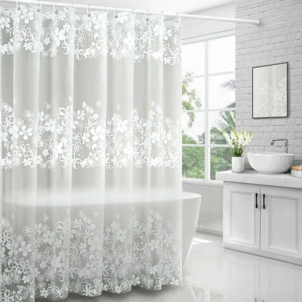 1pc White Flower Shower Curtain Liner with Metal Grommets & Plastic Hooks, Plastic Transparent Bath Curtain Bathroom Decor from PriceLows™