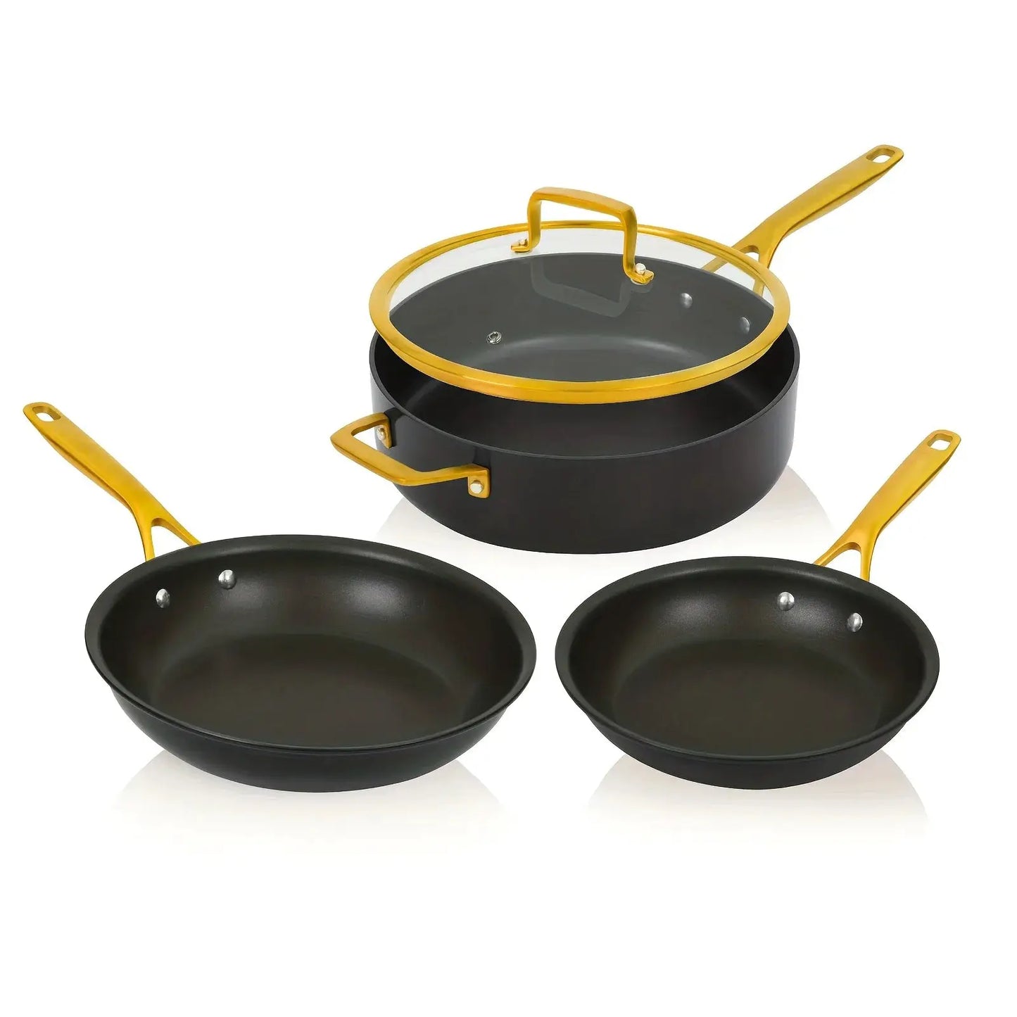 4pcs Hard Anodized Nonstick Cookware Set - Black Pots & Pans with Golden Stainless Steel Handles, Oven & Dishwasher Safe from PriceLows™