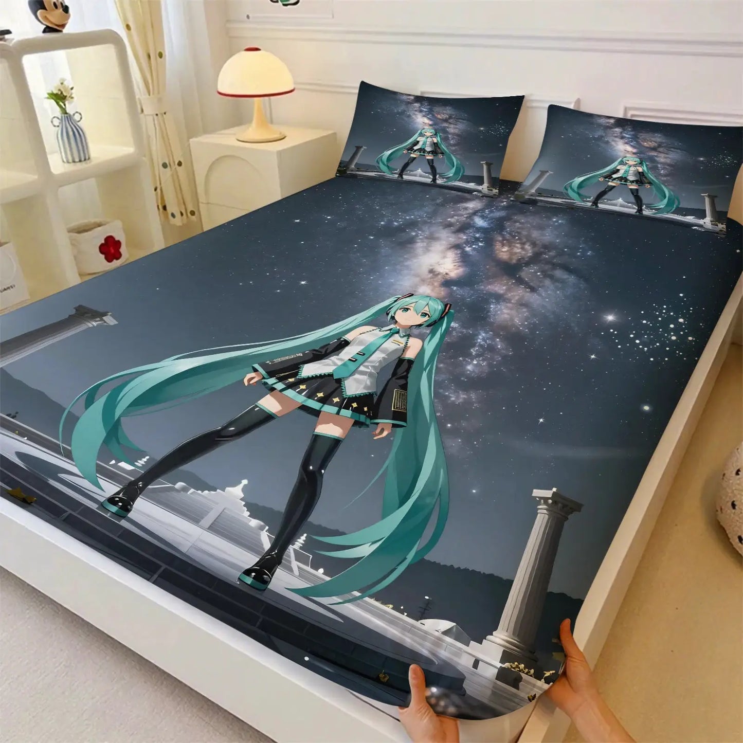 3Pcs Hatsune Miku Fitted Sheet Set with 2 Pillowcases Ink Wash Temple Anime Bedding Set Soft Deep Pocket for Fan Bedroom Decor from PriceLows™