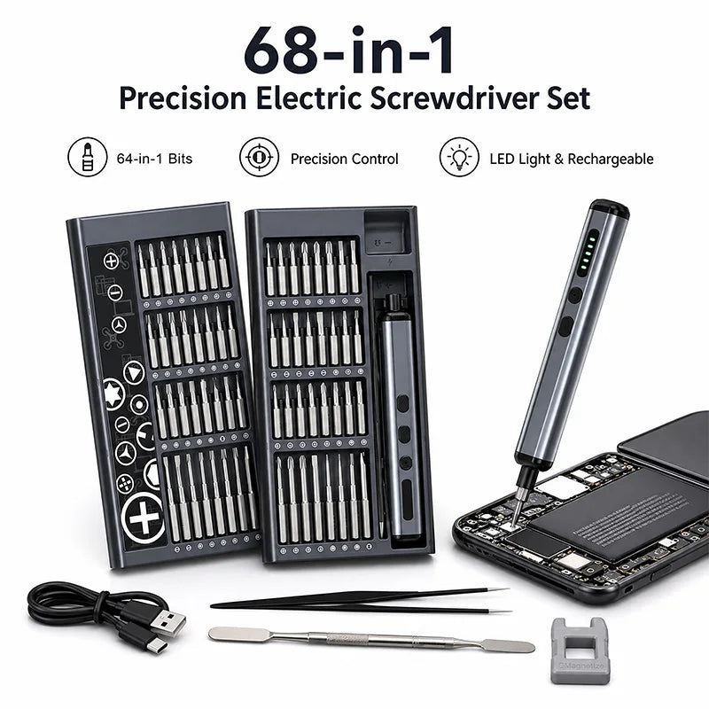 68 in 1 Precision Electric Screwdriver Set 64 Bits LED Light Rechargeable Cordless Power Screw Driver Kit For Phone Repair PC from PriceLows™