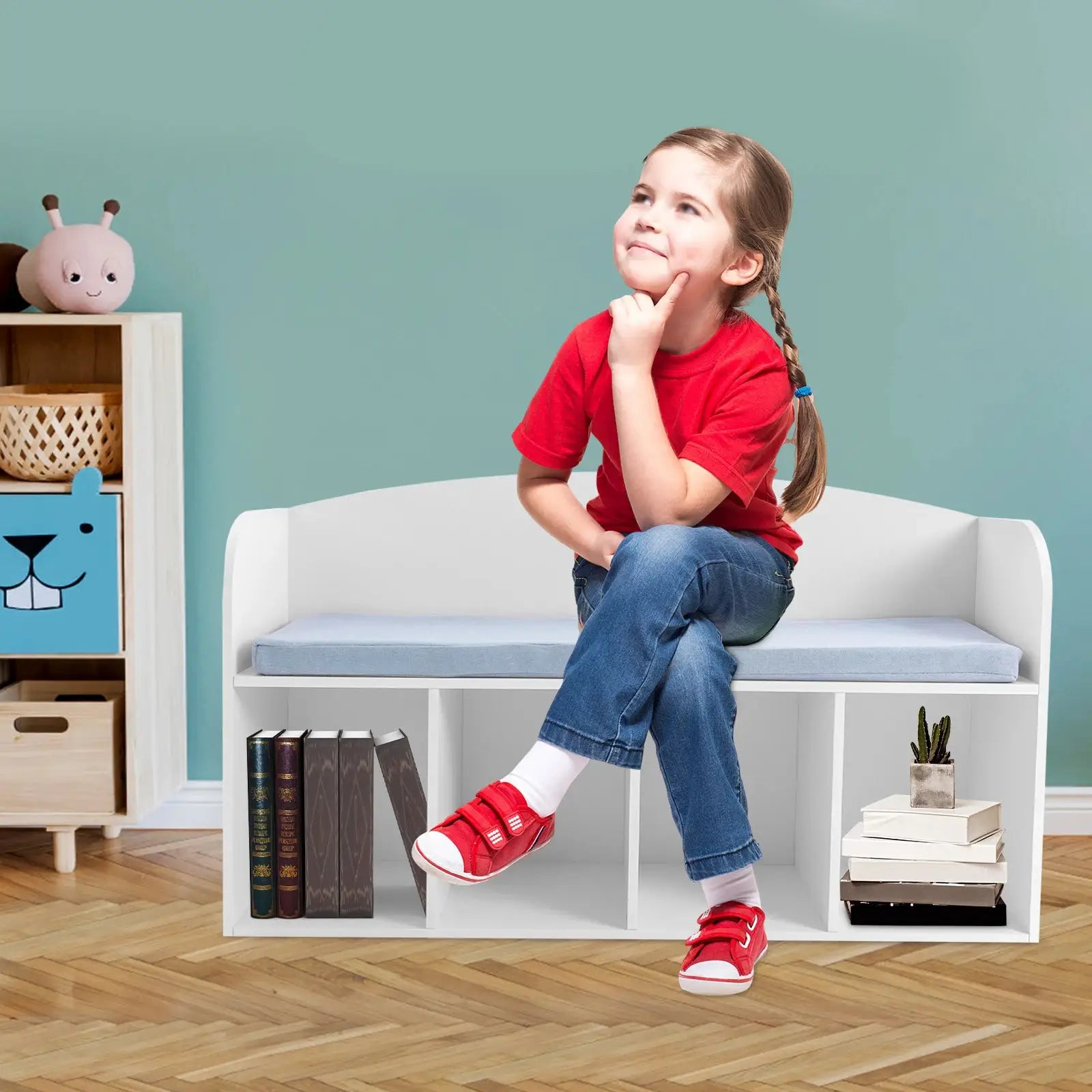 Kids Bookshelf with Reading Nook - Soft Cushioned Corner Bench, 5-Tier Book Display & Storage Organizer, Space-Saving Bookcase from PriceLows™