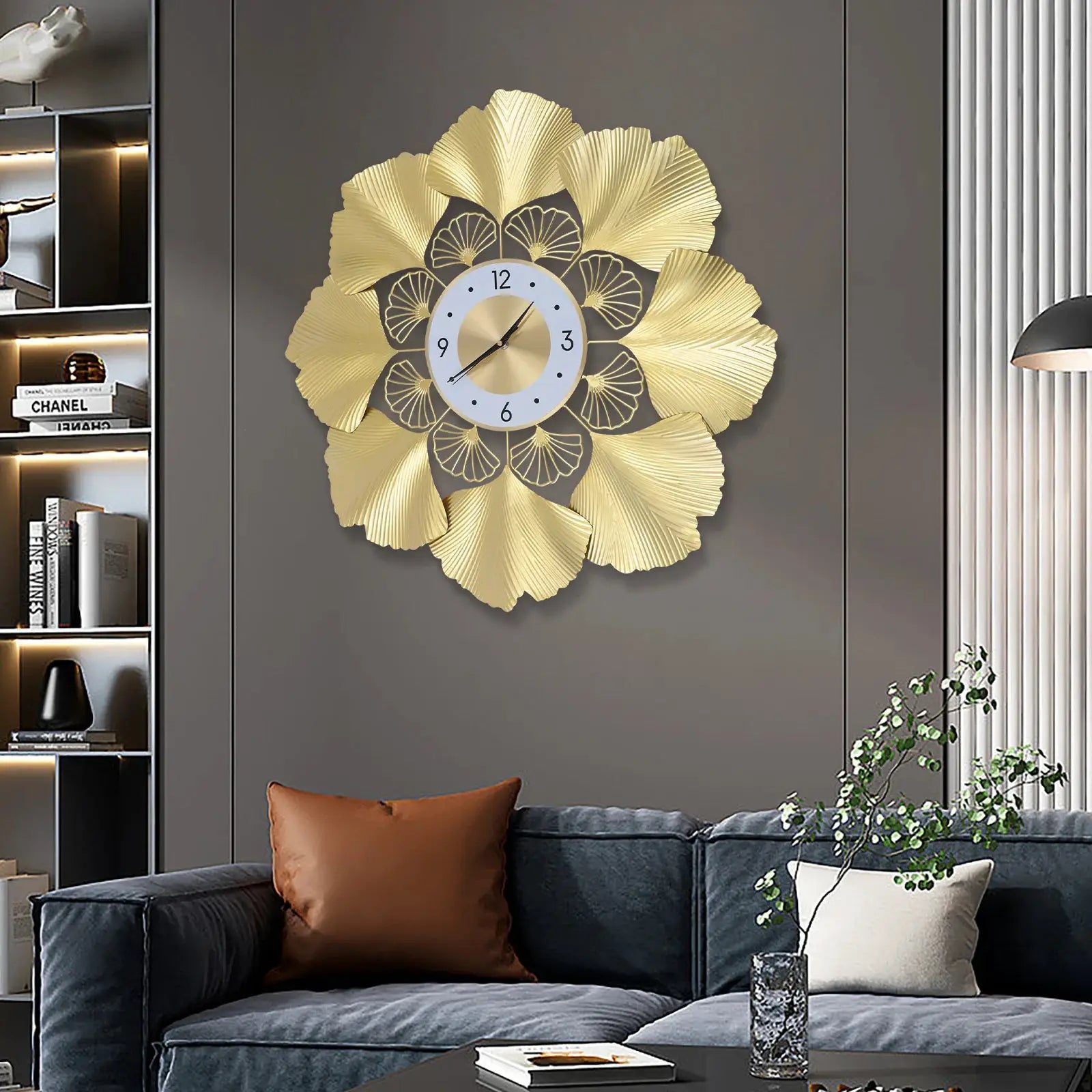 Ginkgo Biloba Wall Clock 70cm Large Nordic Light Luxury Design, White Gold Iron Silent Non-Ticking Battery Operated Living Room from PriceLows™