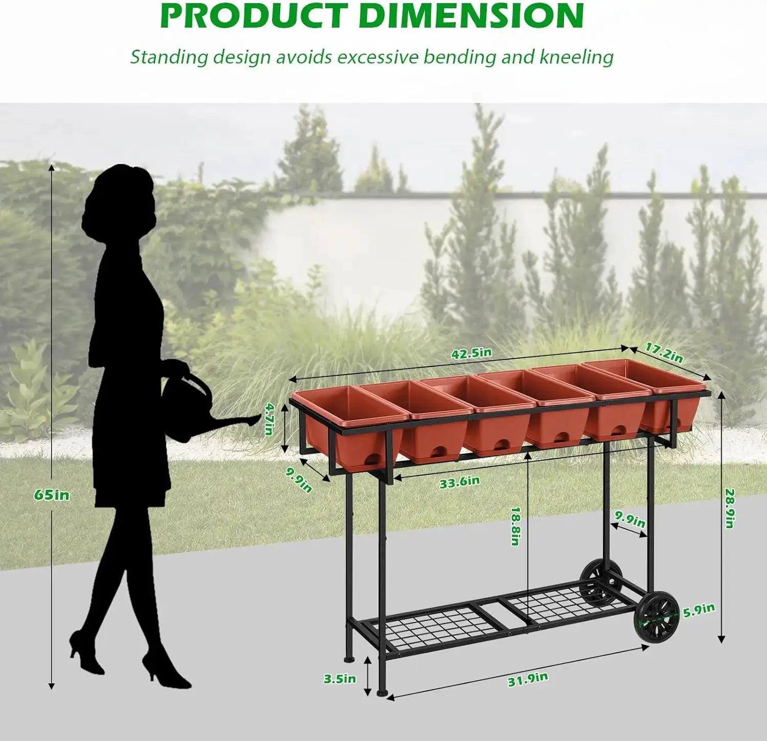 Elevated Raised Garden Bed Outdoor with Legs 43x17x29 in Plastic Standing Planter Box with Storage Shelf and Wheels Vege from PriceLows™