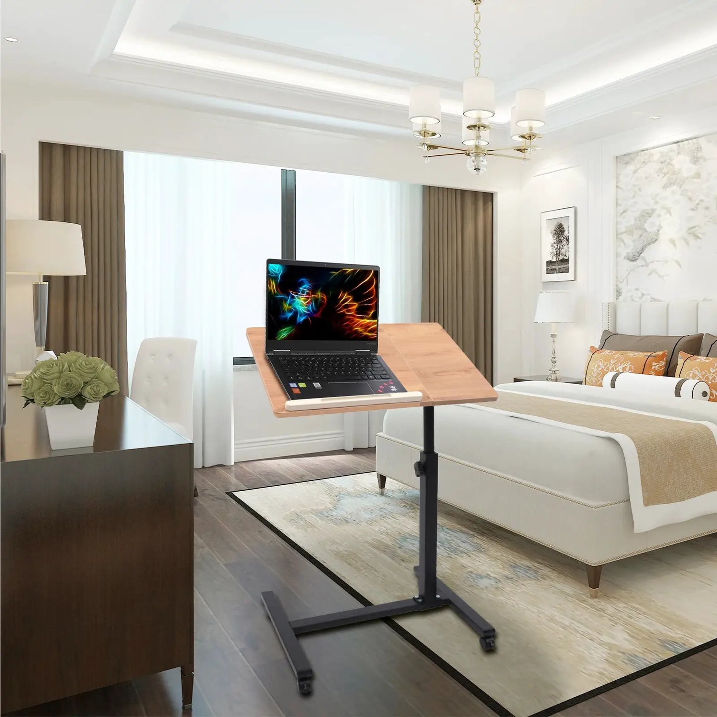 Laptop Desk,Rolling Study Table Computer Workstation with 4 Wheel,360° Rotating Tabletop,58-90cm Height Adjustable from PriceLows™