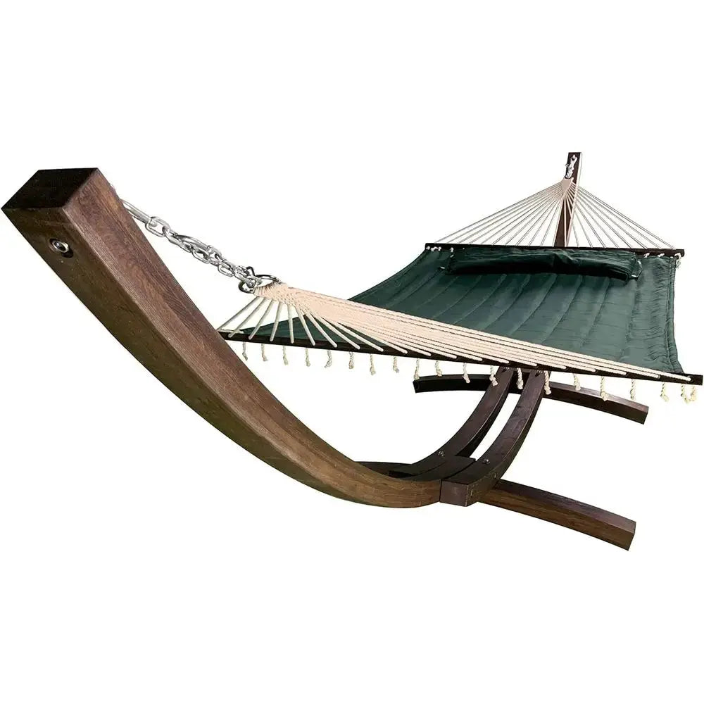 Two-Person Wooden Arc Hammock Stand with Deluxe Quilted Double Padded Bed and Pillow, 450 LB Capacity, Coffee Stain/Elegant Hunt from PriceLows™