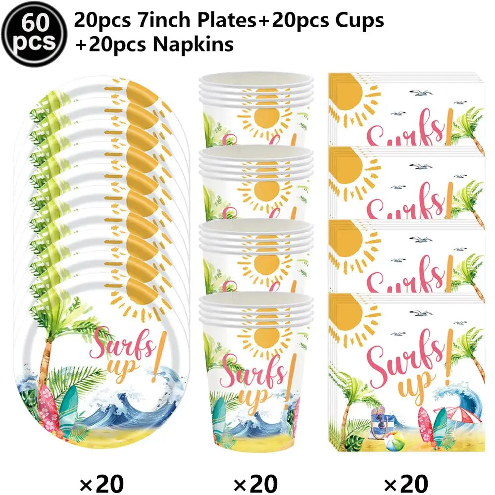 Surf Beach Party Tableware | Paper Plates Napkins Cups | Tattoos And Snack Tray