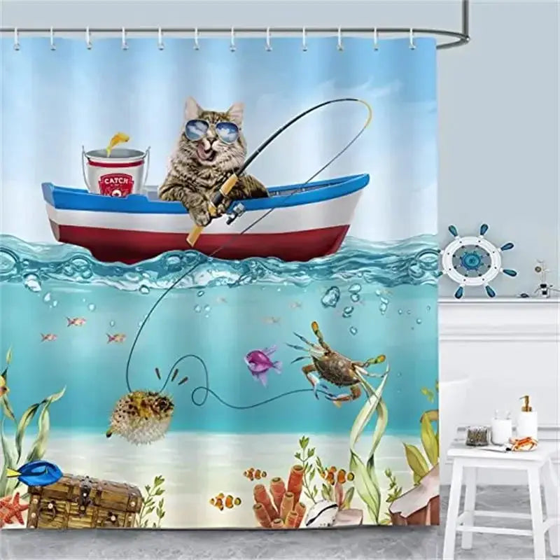 Funny Cat Shower Curtain Fun Animal in Bathtub with Fish Cloth Fabric Shower Curtain Hilarious Pet Bathroom Decor Set with Hooks from PriceLows™