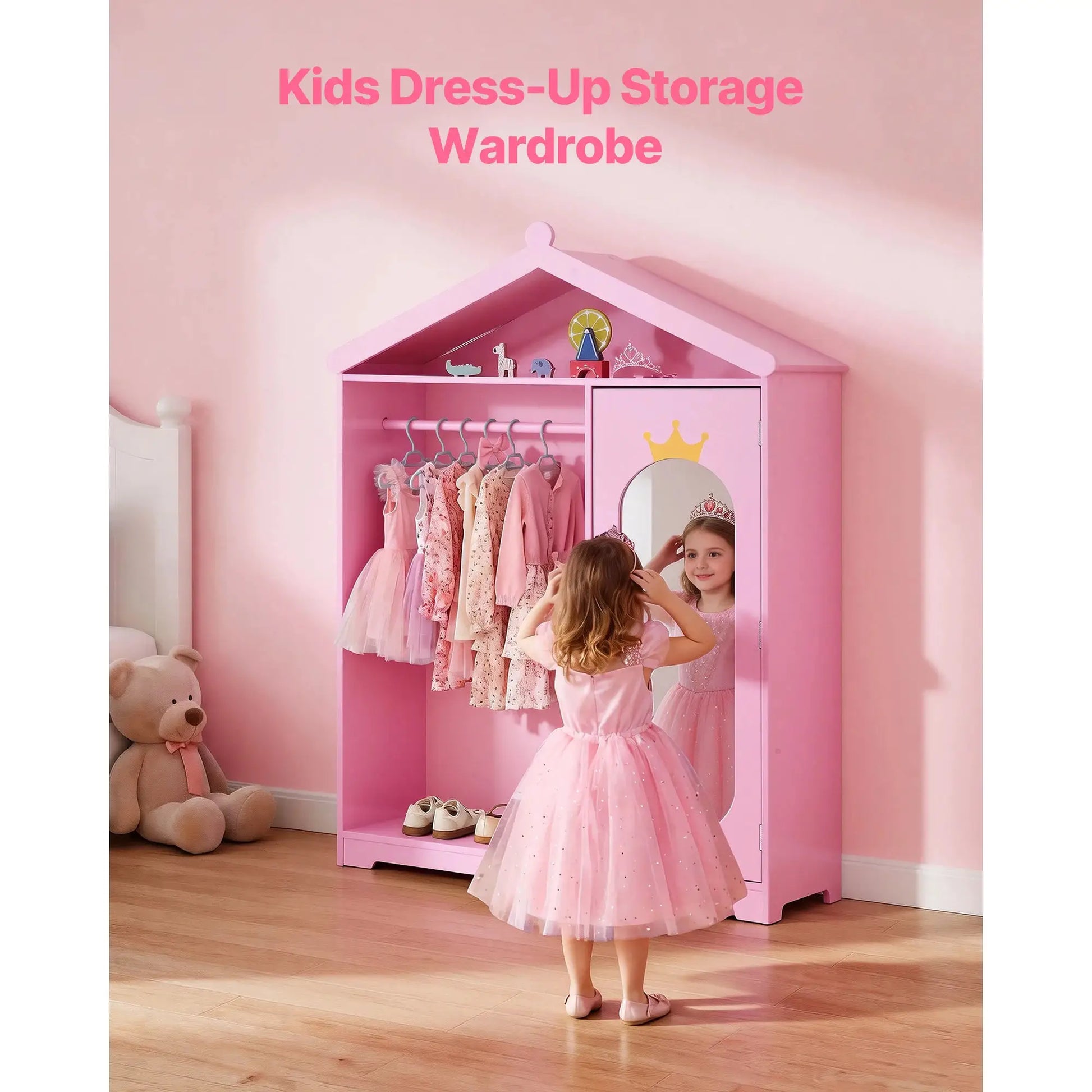 SucceBuy Kids Dress Up Storage with Mirror & Dress Up Closet Kids Armoire Wardrobe Costume Organizer for Girls Toddler Bedroom from PriceLows™