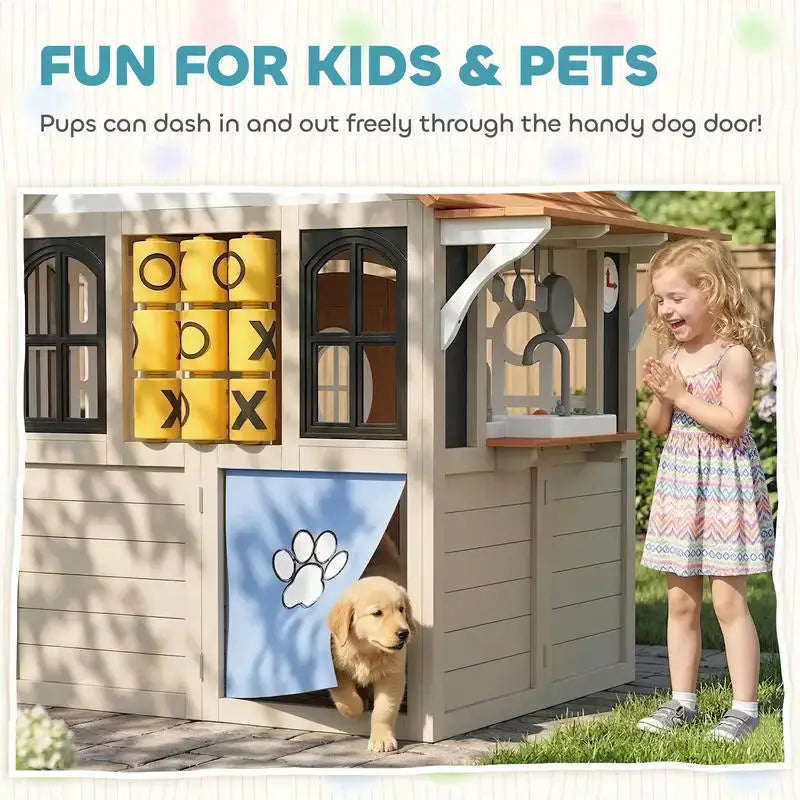 Qaba Outdoor Playhouse, Wooden Kids Playhouse with Dog Door, Cookware, Blackboard, Clock, Tic-Tac-Toe Roller for Backyard from PriceLows™