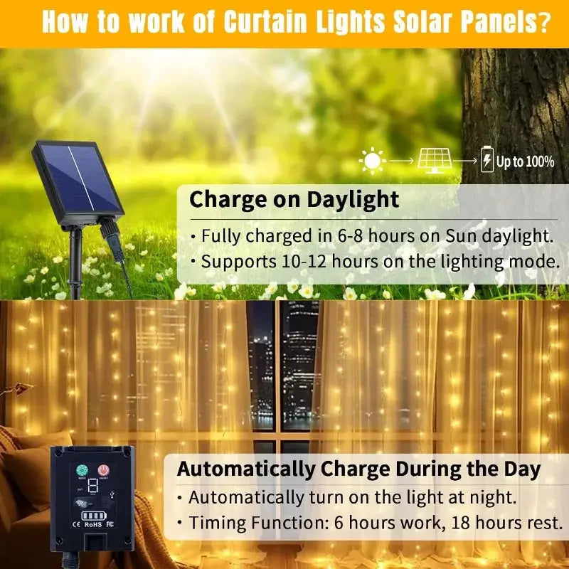 Solar Outdoor Curtain Lights | 300 LED Bulbs | 3x3 Meter Size | IP65 Protection