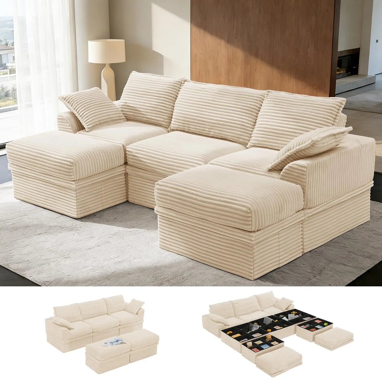 U Shaped Sectional Sofa | Depth 27in | Height 20.5in | 3 Seater Storage Ottoman