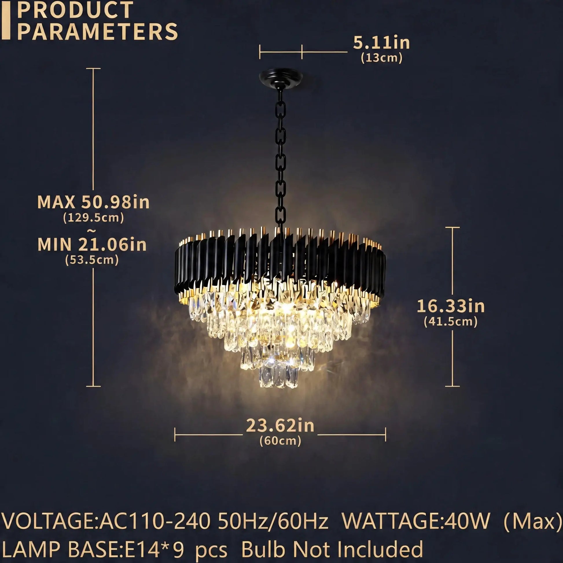 Modern Black & Gold Crystal Chandelier, Dimmable 5-Tier Round K9 Crystal Chandelier for Kitchen Island/Living Room/Bedroom from PriceLows™