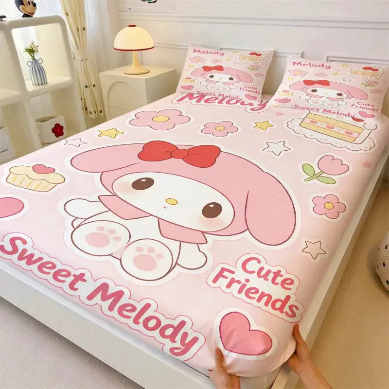 My Melody Sanrio Fitted Sheet Set Kawaii Cute Anime Bed Sheet with Pillowcases for Girls Bedroom Soft Cartoon Mattress Cover from PriceLows™