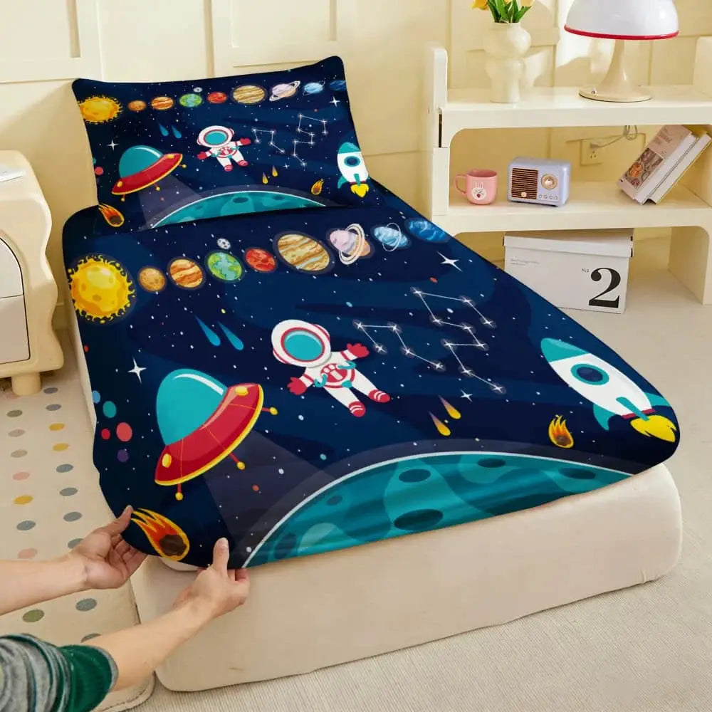 1pc Cartoon Space Astronaut Print Fitted Sheet Deep Pocket Elastic Mattress Cover Single Double Queen King Bedroom Decor from PriceLows™