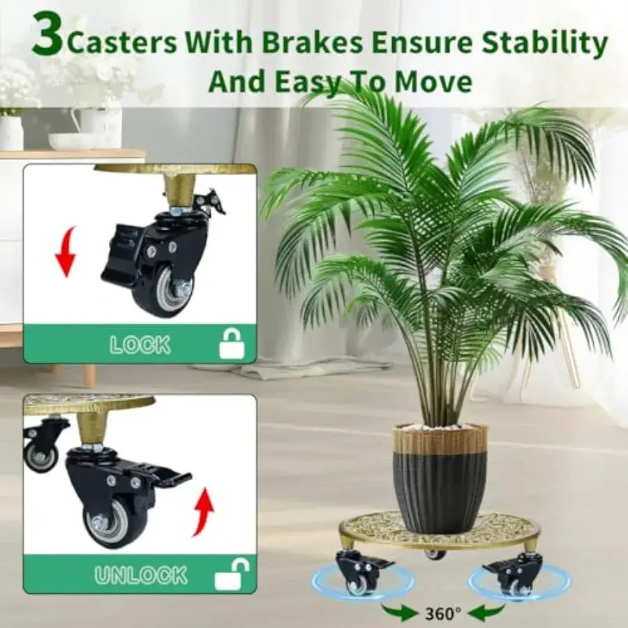 2 Pack Gold Metal Plant Caddy with Wheels, Round Rolling Plant Stand Heavy Duty Indoor Outdoor Planter Dolly, Plant Pot Mover f from PriceLows™