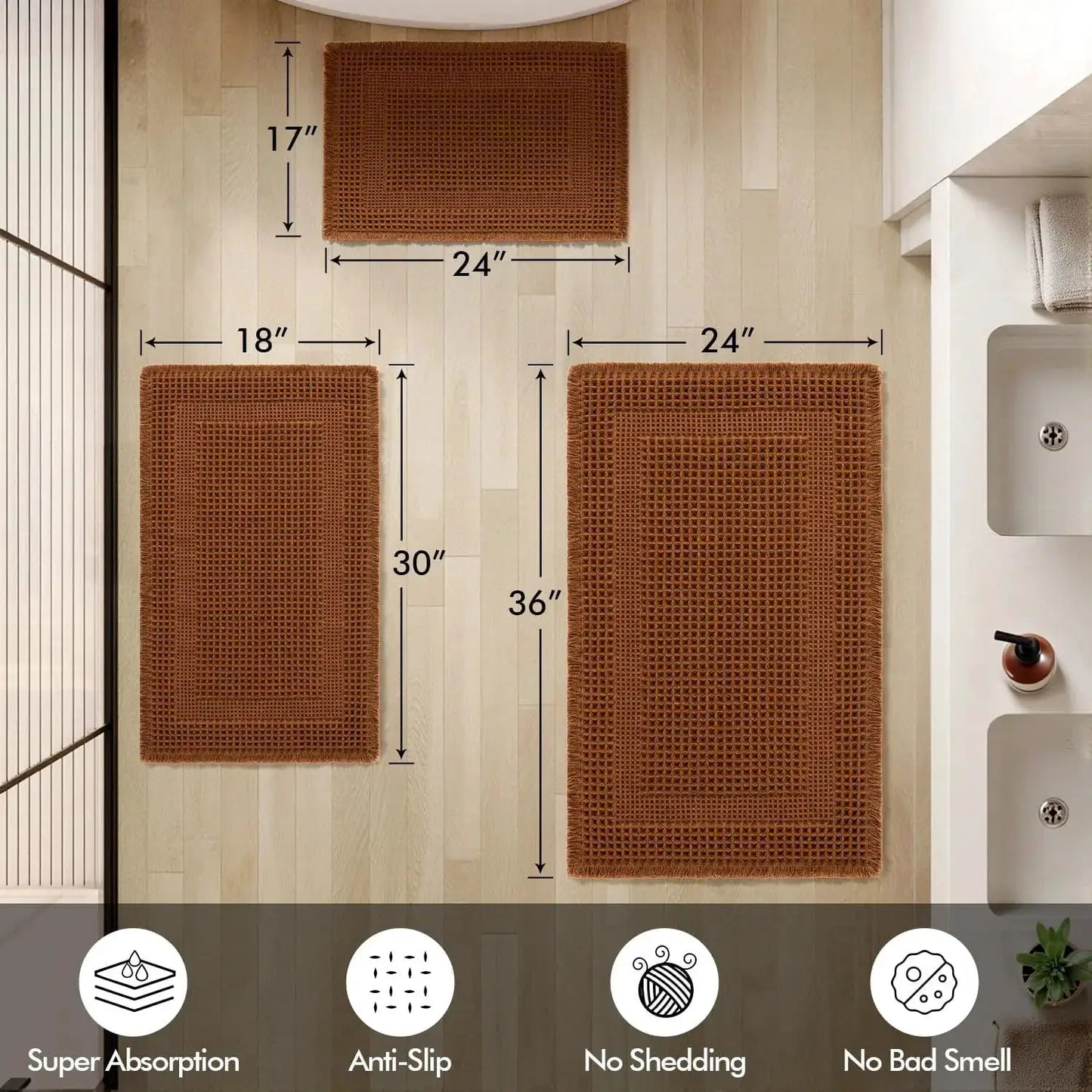Set of 2 Waffle Bathroom Rugs, Boho Bath Rug Super Absorbent, Non Slip Washable Ultra Soft Rubber Backed Shower Bath Mat from PriceLows™