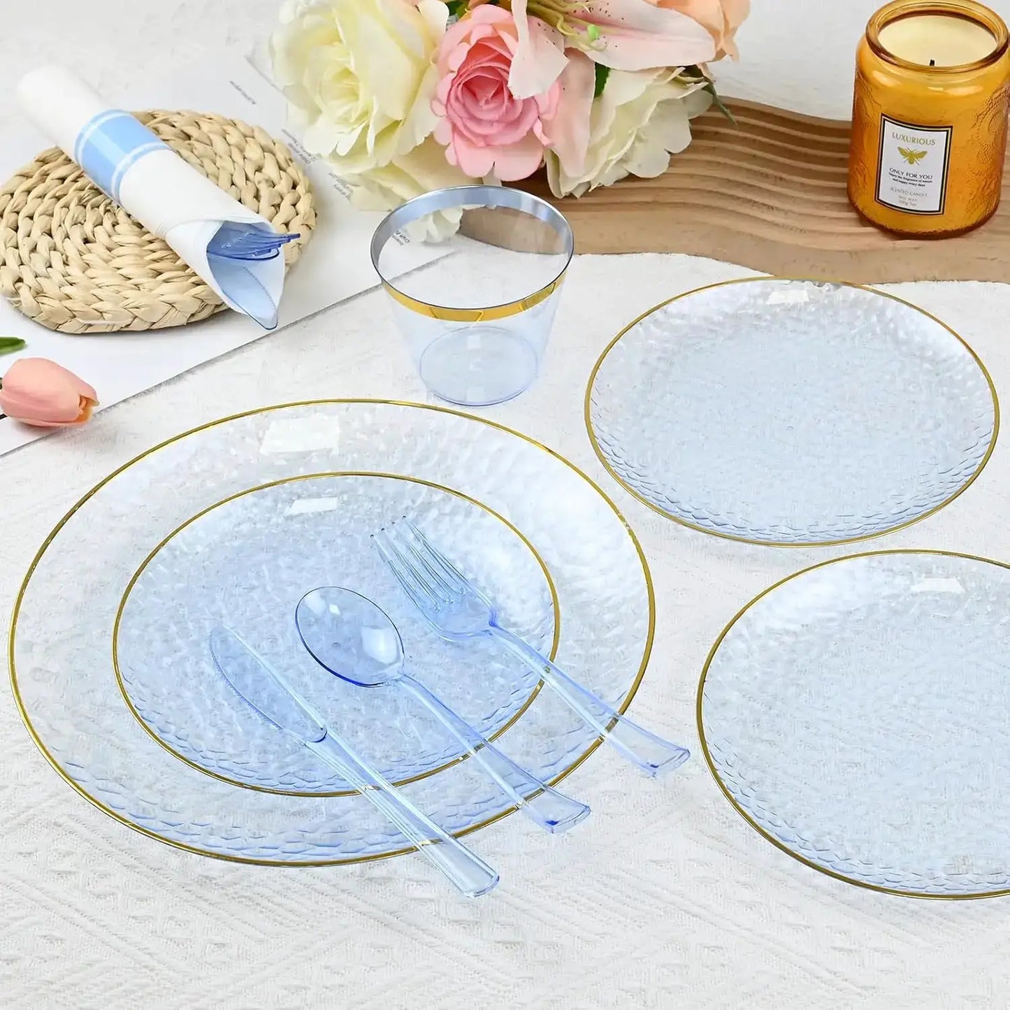 175PCS Gold and Blue Plastic Dinnerware Set – Clear Blue Disposable Plate with Gold Rim Include Dinner Plates, Dessert Plate from PriceLows™