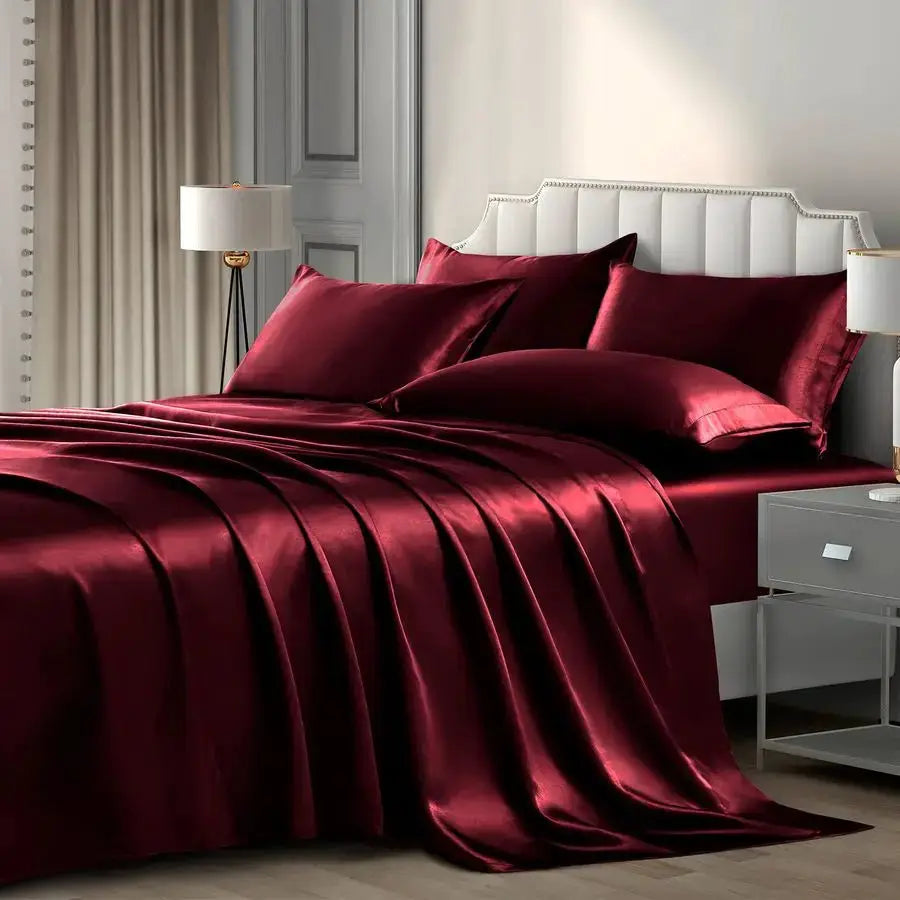 6 Pieces King Satin Sheets Luxury Silky Burgundy Satin Bedding Sheet Set, 1 Deep Pocket Fitted Sheet 1 Flat Sheet 4 Pillow Cases from PriceLows™