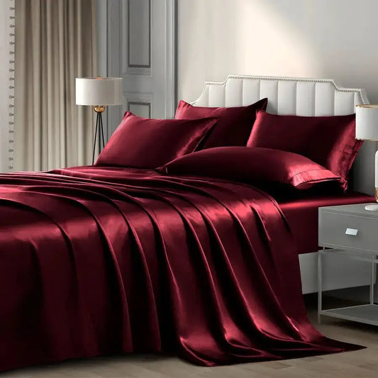 6 Pieces King Satin Sheets Luxury Silky Burgundy Satin Bedding Sheet Set, 1 Deep Pocket Fitted Sheet 1 Flat Sheet 4 Pillow Cases from PriceLows™