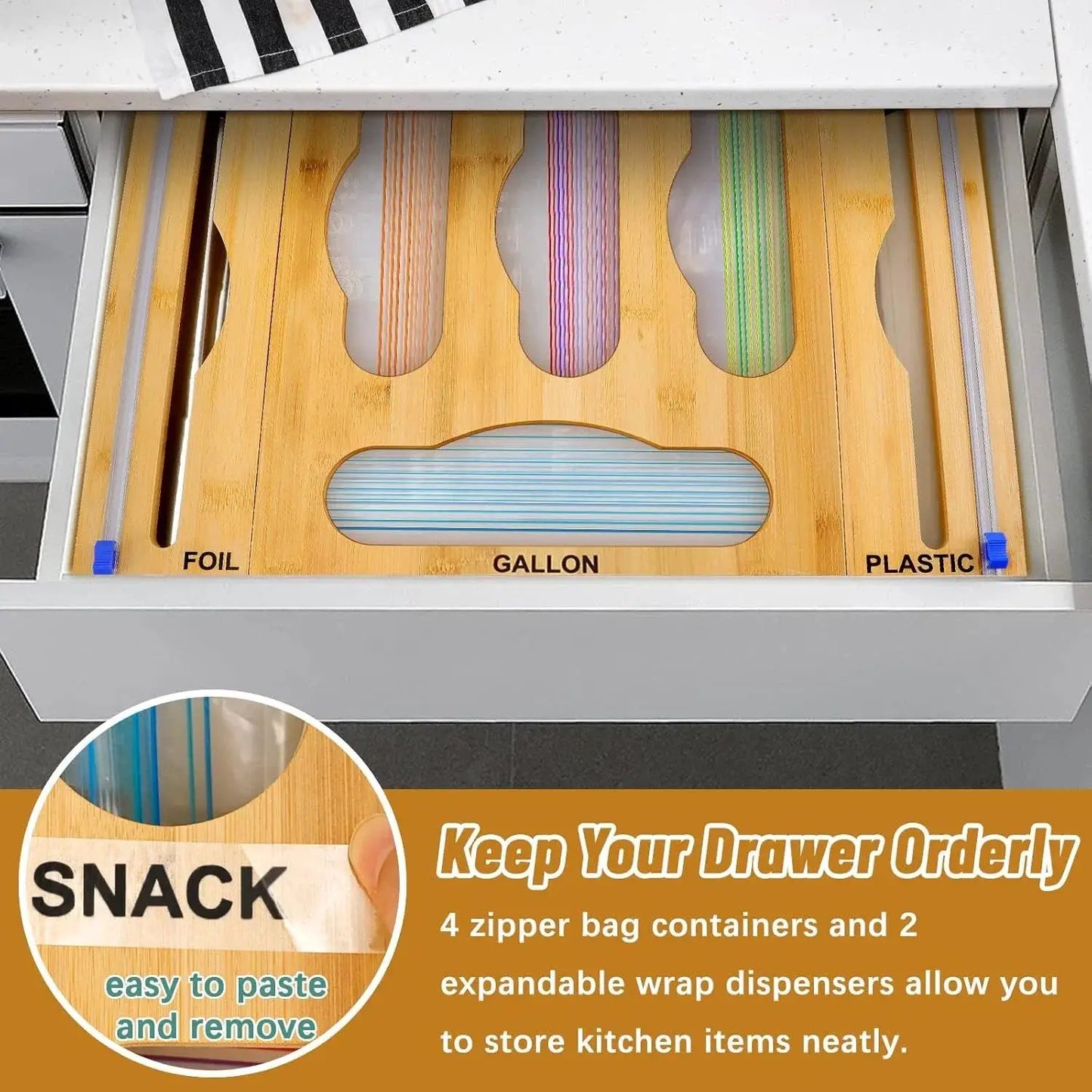 Bamboo Kitchen Organizer | Wrap and Foil Dispenser | Wall Mount Drawer | 65 Bags