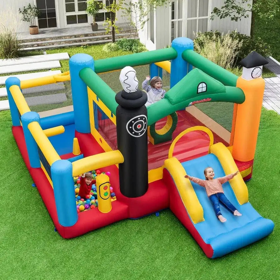 Inflatable Bounce House Train Theme Jumping Castle with Slide Ball Pit Basketball Rim for Indoor Outdoor Use Fun and Safe Infla from PriceLows™
