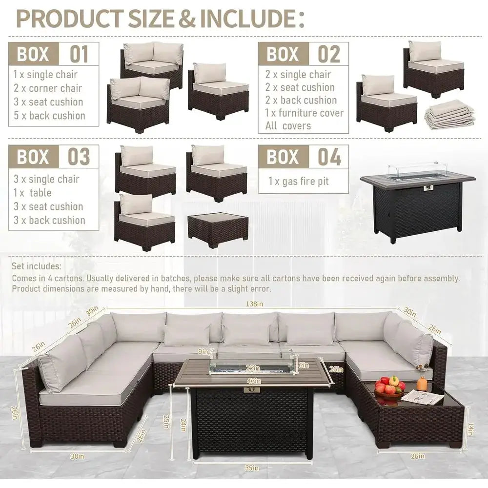 10-Piece Outdoor Wicker Sectional Patio Furniture Set with Cushions and Fire Pit Table, Beige from PriceLows™