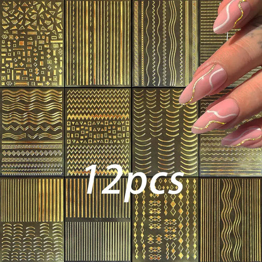 12Sheets Gold Metal Stripe Wave Nail Decals 3D Bronzing French Line/C Curve Stripe Nail Stickers 8*10cm Gold Line Nail Art Suppl from PriceLows™