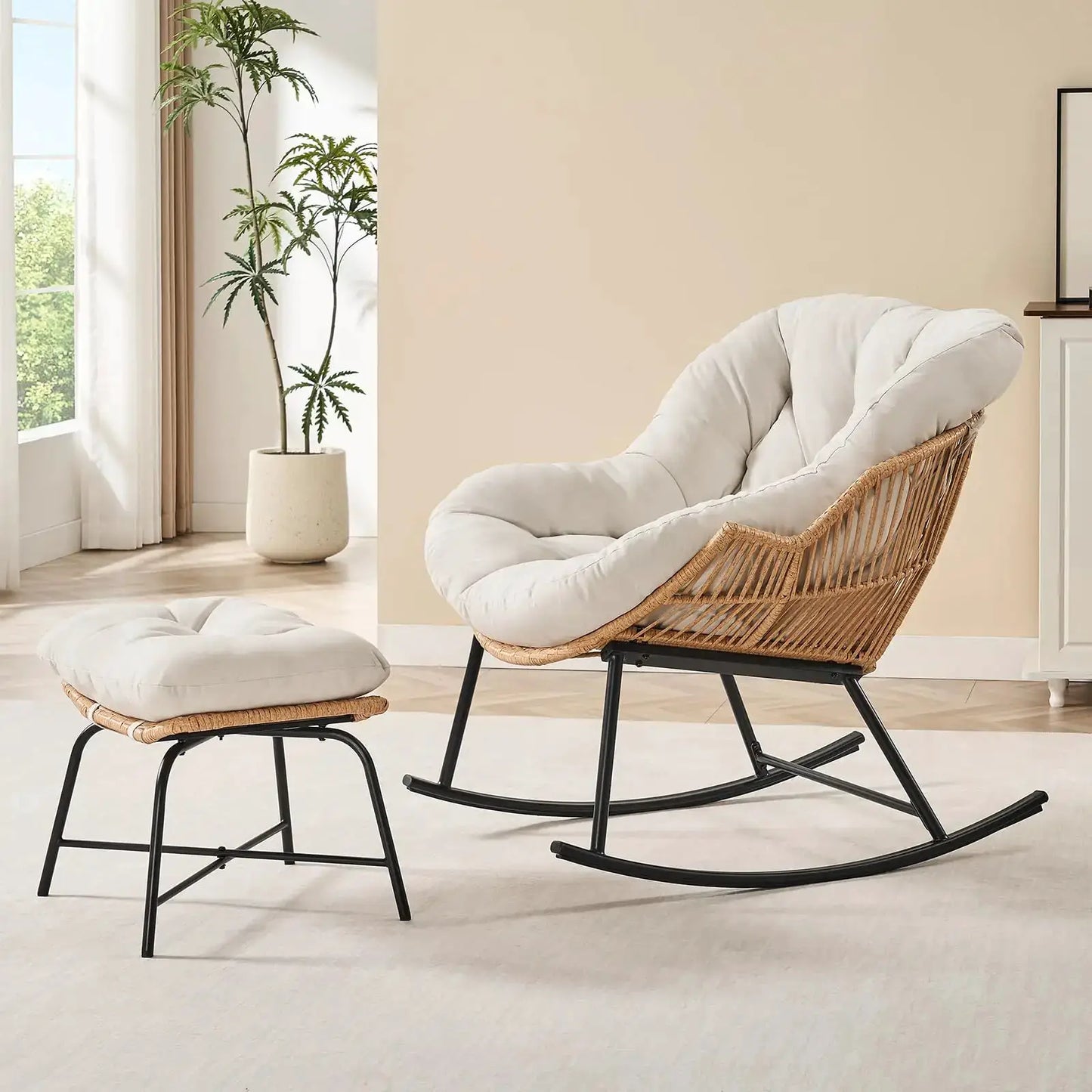Grey Rattan Papasan Rocking Chair with Ottoman, Oversized Wicker Egg Patio Chair Indoor & Outdoor Lounge Rocker Chair for Garden from PriceLows™