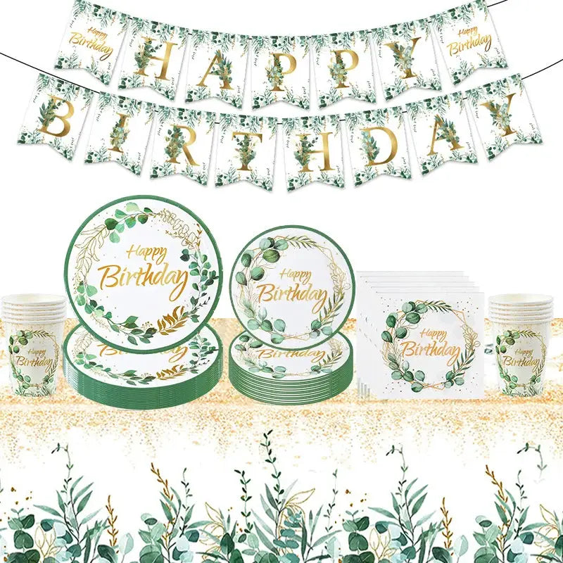 Eucalyptus Leaf Tableware Set | Paper Plate Cups Napkins | Kids And Adults Party Supplies