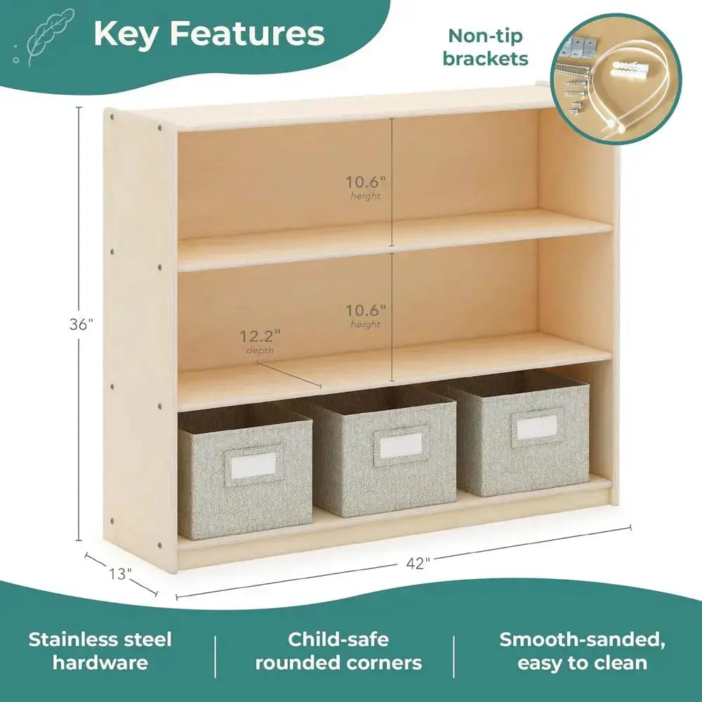 Open Shelving Storage with 3 Fabric Bins: Wooden Kids Bookcase and Toy Organizer for Homeschool and Classroom Use from PriceLows™
