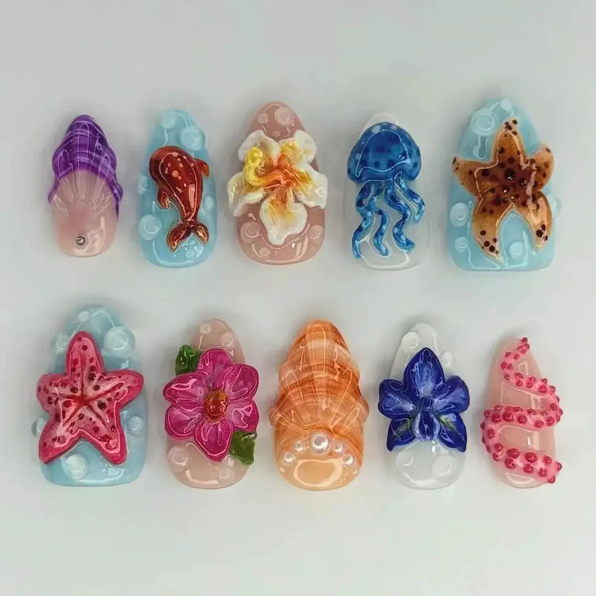 Press On Nails | Almond Shape | Green Lotus Frog Design | 24 Piece Kit
