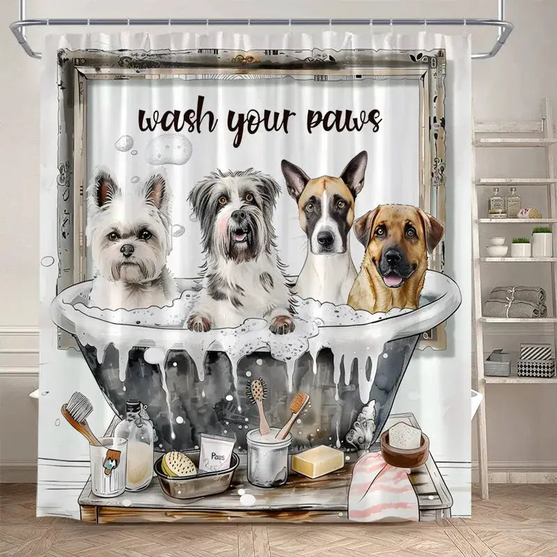 Funny Bathing Dogs Shower Curtain Bathtub Wash Your Paws Cute Pet Cartoon Animals Bath Curtains Fabric Bathroom Decor with Hooks from PriceLows™