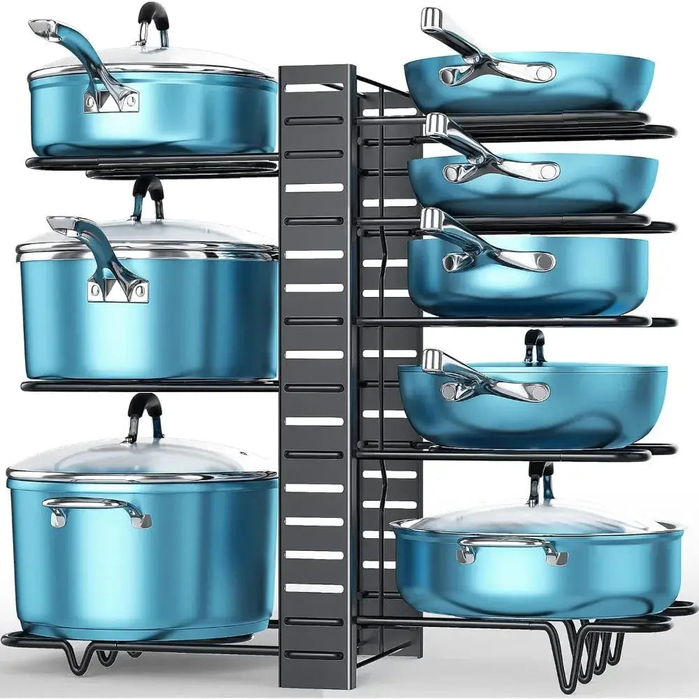 Pot Rack Organizer | Adjustable 8 Tier | Rust Resistant | Black Metal