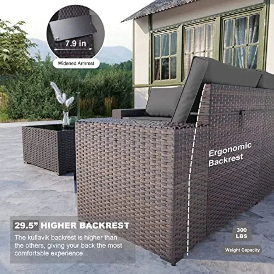 Outdoor patio furniture set: 6-piece brown PE rattan sectional sofa with grey cushions and tempered glass table, weather-resist from PriceLows™