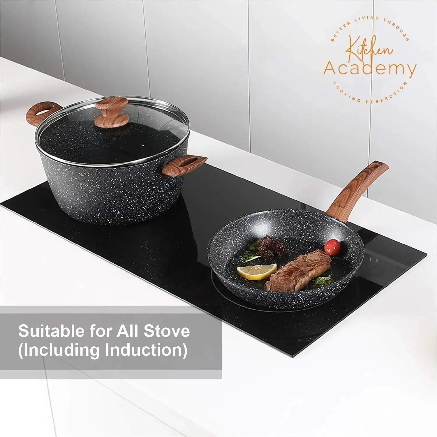 12 Piece Nonstick Granite Cookware Set, Induction Compatible Pots and Pans, Healthy PFOS/PFOA Free, Black from PriceLows™