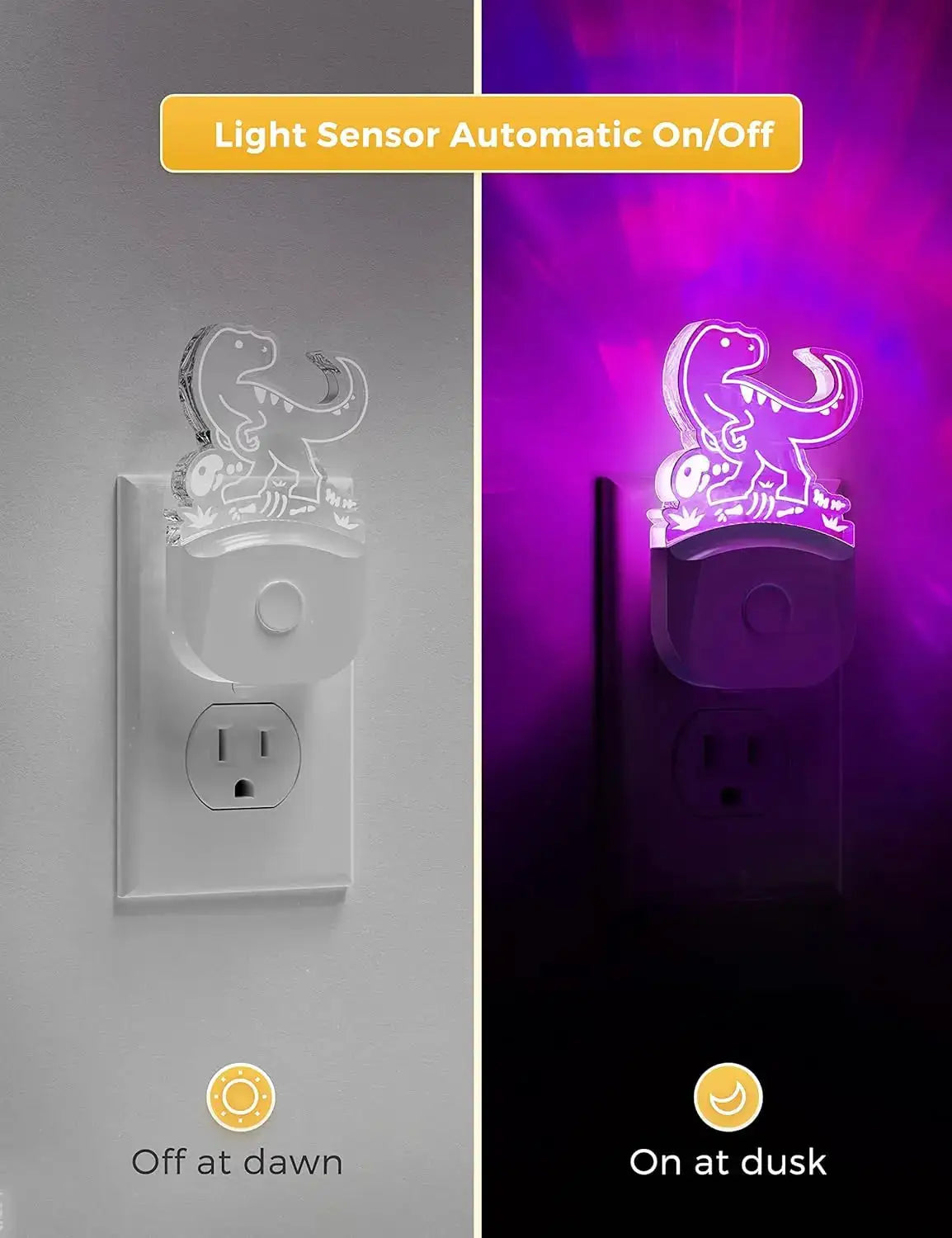 Dinosaur Night Light for Kids, Plug-in LED with Dusk-to-Dawn Sensor, 3 Modes, RGB+Warm White, Nursery Room Decor from PriceLows™