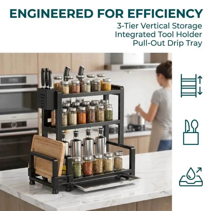 3 Tier Spice Storage Rack for Countertop Adjustable Spice Organization for Cabinet Kitchen Organizer Metal Shelf Black from PriceLows™