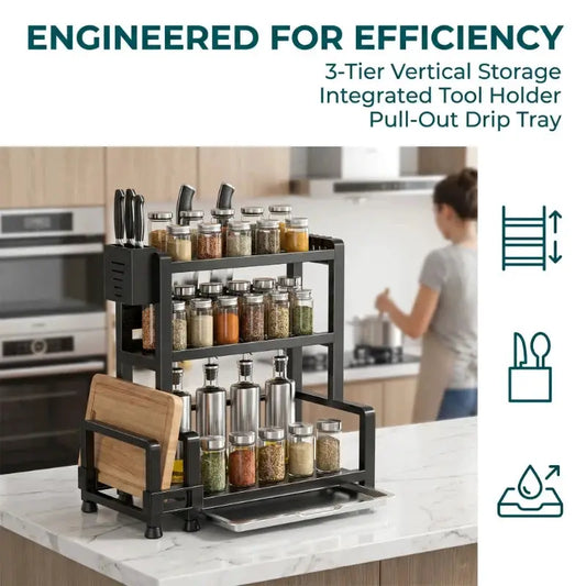 3 Tier Spice Storage Rack for Countertop Adjustable Spice Organization for Cabinet Kitchen Organizer Metal Shelf Black from PriceLows™