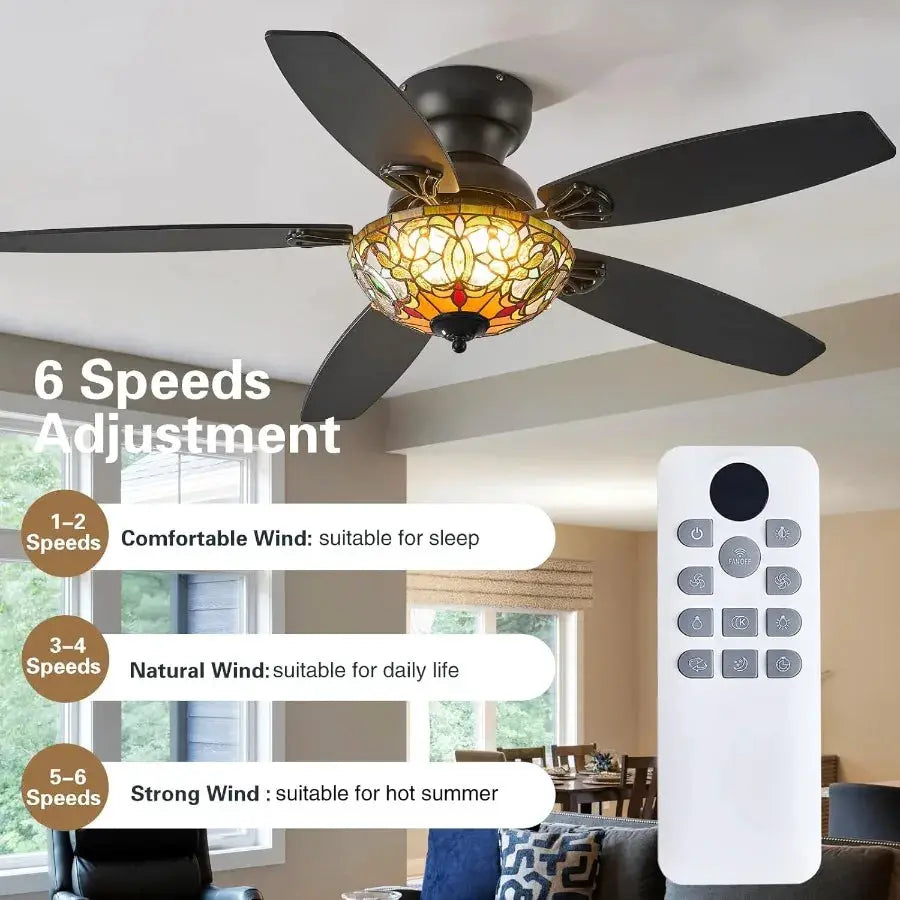 Tiffany Ceiling Fans with Lights 48 Ceiling Fan Chandelier with 5 DualBlades and Glass Shade 6 Speeds and Reversible Indoor and from PriceLows™
